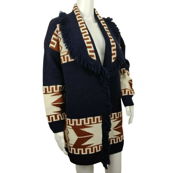 CocoGio Made in Italy Aztec Fringed Wool Blend Cardigan Sweater Small Longline - Picture 4 of 9
